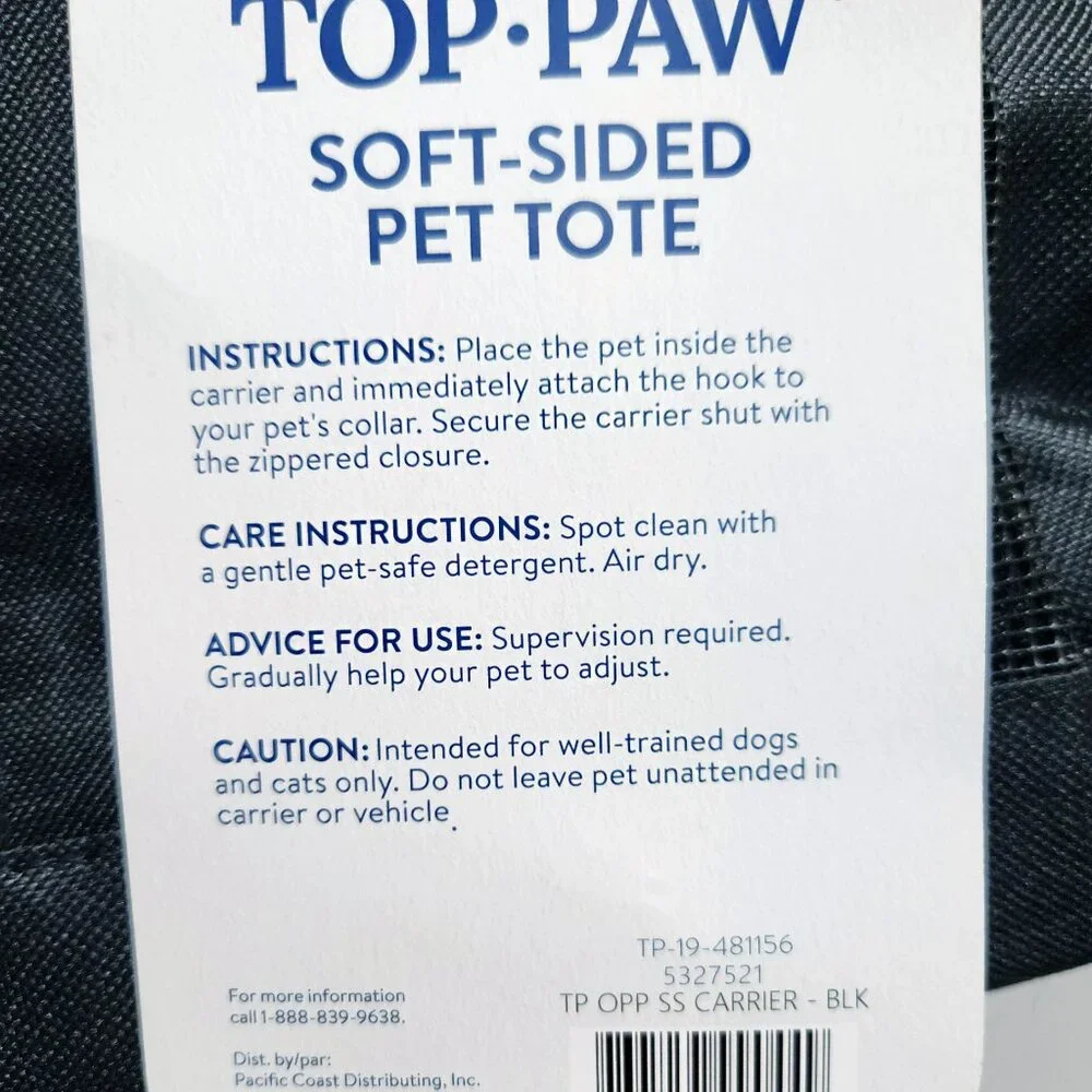 Top Paw Soft Sided Pet Tote, Black